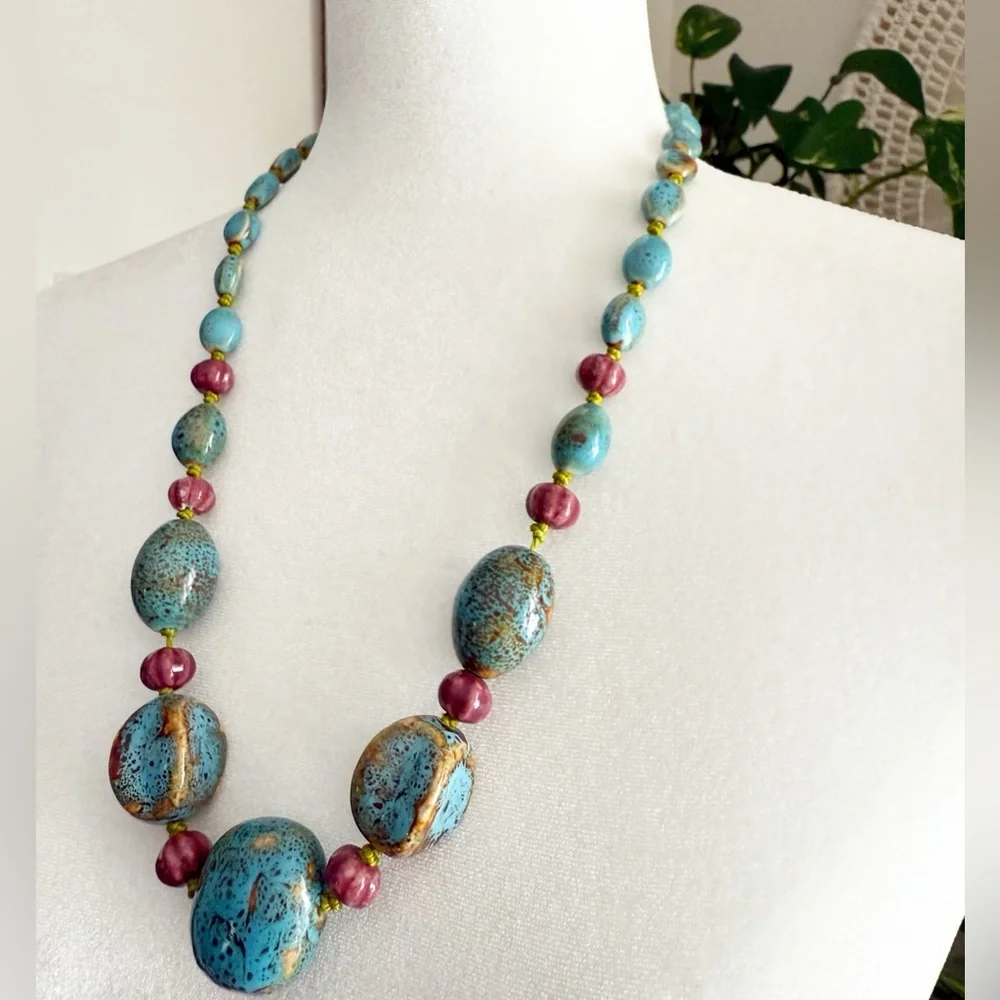 Vintage Artisan Ceramic Bead Statement Necklace Turquoise Speckled 26” Inch - Picture 5 of 15